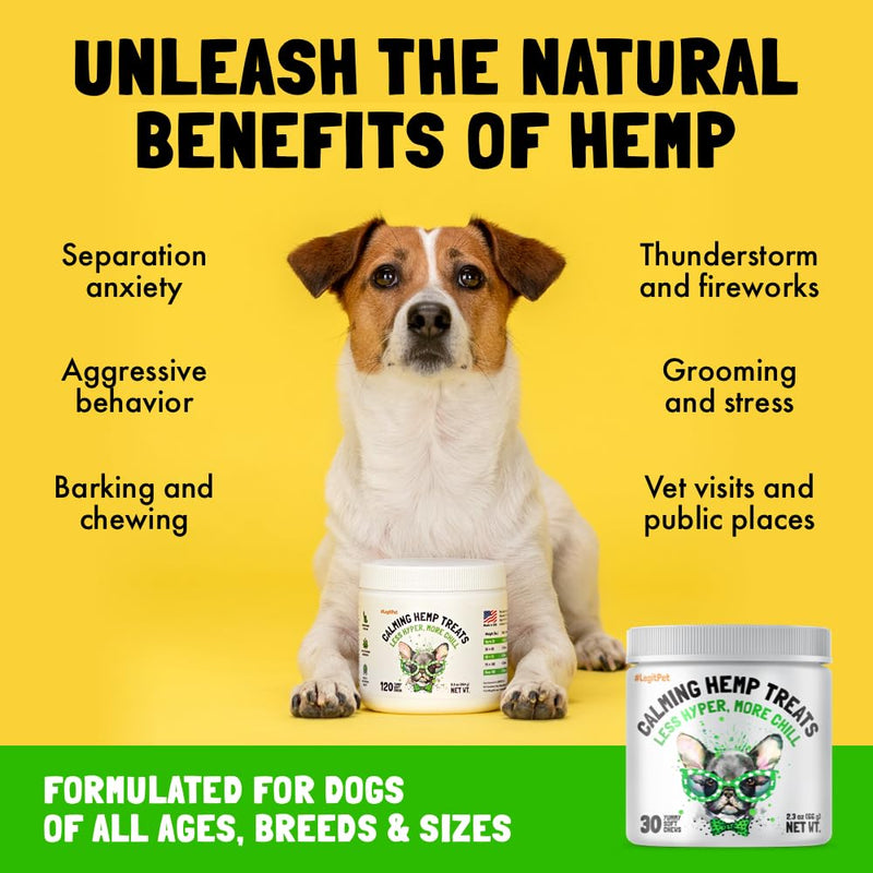 Calming Hemp Treats for Dogs Made in USA Organic Hemp Natural Separation Aid Helps with Barking, Chewing, Thunder, Fireworks, Aggressive Behavior Soothing Stress Relief Natural Relaxation 30 Chews - PawsPlanet Australia