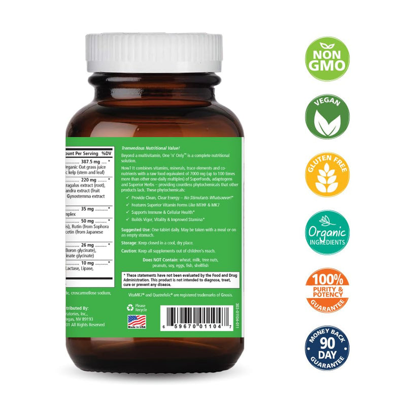 One n Only Whole Food Multivitamin by Pure Essence - Super Energetic Once a Day with Superfoods, Minerals, Enzymes, Vitamin D, D3, B12, Biotin - 90 Tablets 90 Count (Pack of 1)