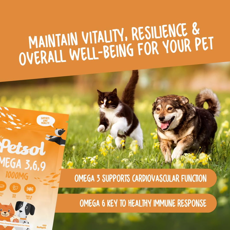 Omega 3 for Dogs & Cats, Omega 369 Fish Oil for Dogs & Cats 1000mg, 120 Softgel Capsules. Seed & Fish Oil Supplement for Healthy Joints, Skin & Coat, Brain, Heart & Immune Health & Vitality.