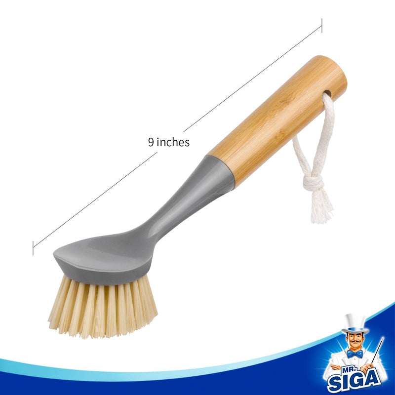 MR.SIGA Dish Brush with Bamboo Handle Built-in Scraper, Scrub Brush for Pans, Pots, Kitchen Sink Cleaning, Pack of 2 Gray - BeesActive Australia