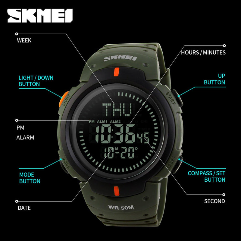 Men’s Military Sports Digital Watch with Survival Compass 50M Waterproof Countdown 3 Alarm Stopwatch Black