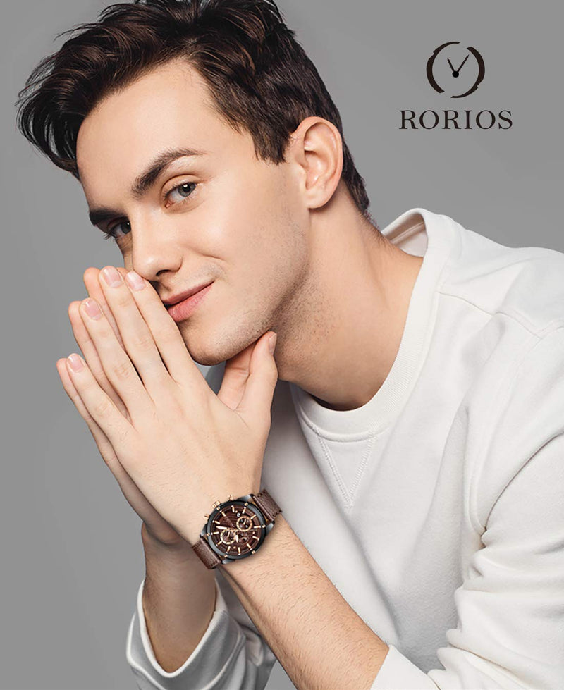 RORIOS Men Watch Leather Band Watch Calendar Luminous Stopwatch Lap Timer Multifunction Waterproof Wrist Watch
