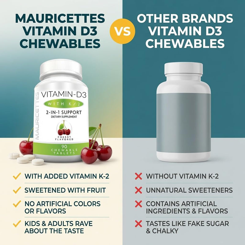 Mauricettes Chewable Vitamin D3 + K2 (MK-7) — No Pills to Swallow — Cherry Flavor Bone, Heart & Immune Support — 2,000 IU, 90 Chewable Tablets for the Whole Family