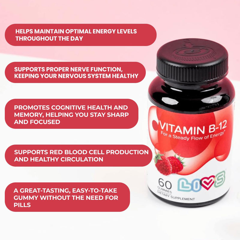 LIVS Vitamin B12 Gummies for Adults & Kids | Vegan Methylcobalamin B12 Supplement | Energy, Metabolism & Nerve Support | Raspberry Flavor | Non-GMO, Gluten-Free, Pectin-Based | 60 Count B 12 60 Count (Pack of 1)