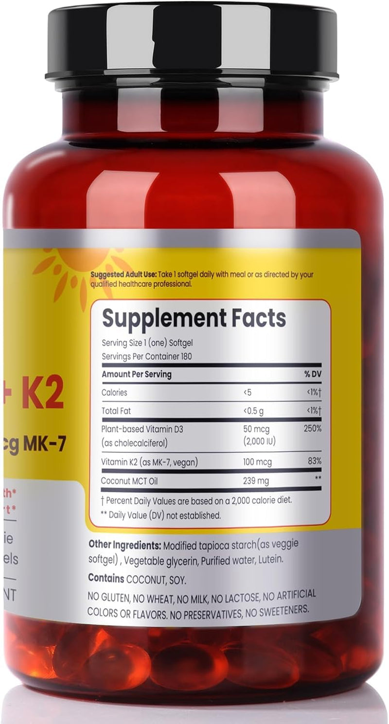 FAMILI+ Vegan Vitamin D3 K2 2000IU with Coconut MCT Oil, 180 Softgels | 180 days, 2000IU Plant source Vitamin D3 + 100 mcg Vitamin K2 MK-7, For Bone, Muscle, Immune, Teeth & Heart Health