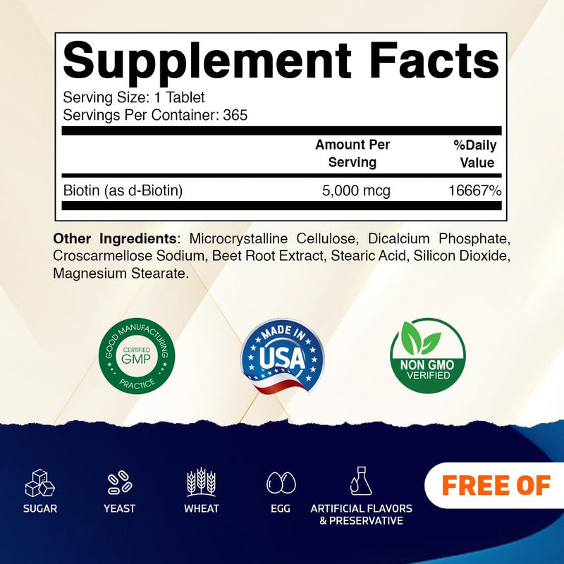 Vitamatic Biotin 5000mcg (5 mg) for Stronger Hair, Skin & Nails - 365 Vegan Tablets- Also Called Vitamin B7 (Pack of 2) 365 Count (Pack of 2)