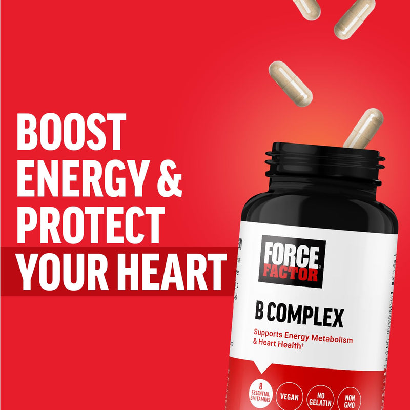 Force Factor Vitamin B Complex to Support Energy, Vitality & Heart Health | Includes Vitamin B1, Vitamin B2, Vitamin B3, Vitamin B6, Vitamin B12, and More, Vegan, Non-GMO, 60 Vegetable Capsules