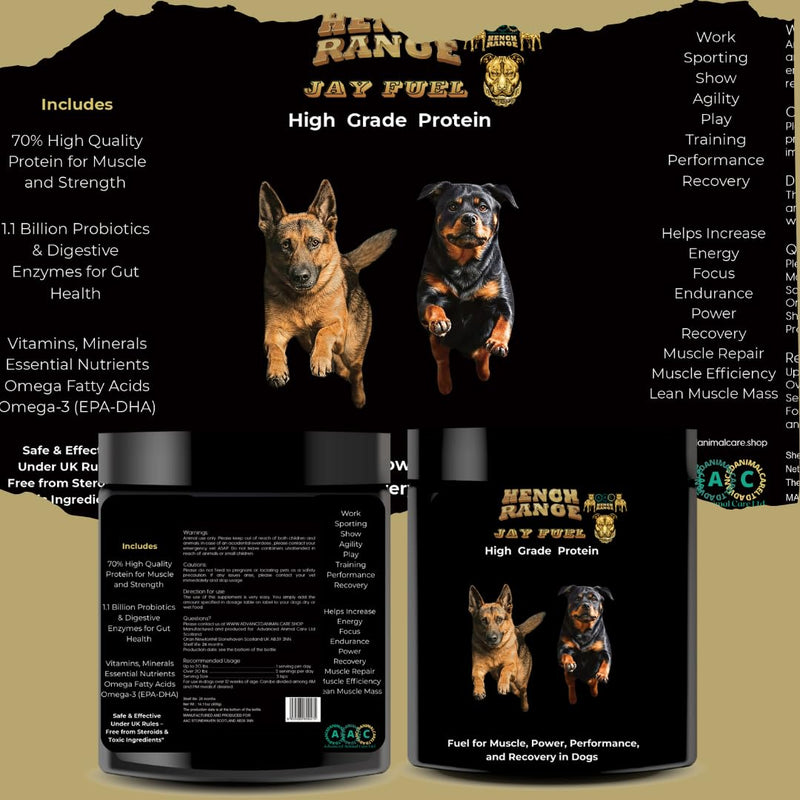 High Protein 70% & Nutritional Supplement For Dogs Muscle, Speed, Stamina, Focus, Energy, Rehab, Recovery, Repair, Probiotic Hench Range Jayfuel All Breeds