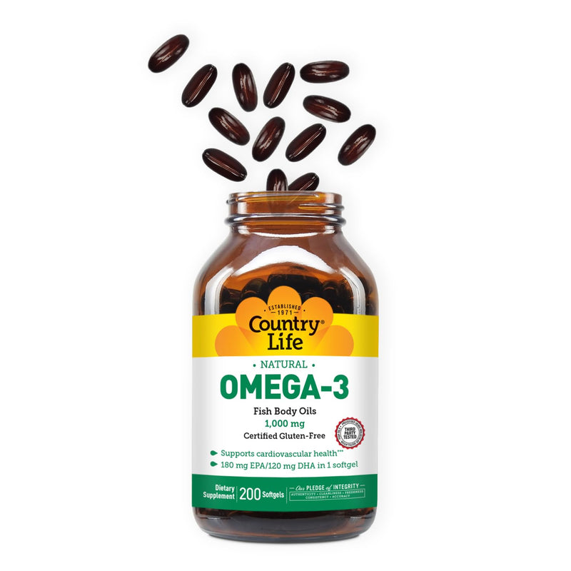 Country Life Omega-3 Fish Oil 1000 mg, EPA DHA, 200 Softgels | Burpless formula provides 180 mg EPA and 120 mg DHA per softgel for cardiovascular support Unflavored 200 Count (Pack of 1)