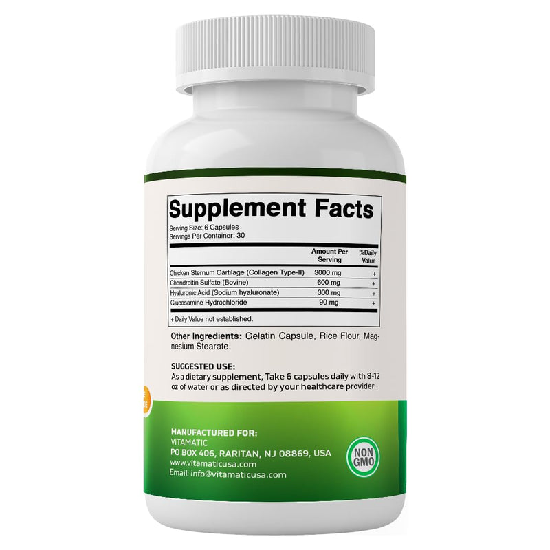 Vitamatic Chicken Collagen 3000 mg (Per Serving) with Glucosamine, Chondroitin & Hyaluronic Acid | 180 Capsules | Non-GMO | Gluten Free
