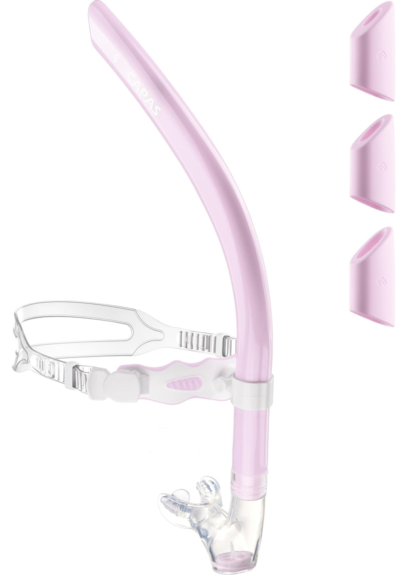 CAPAS Training Swim Snorkel for Lap Swimming, Swivel Headband Ultimate Fit Center-Mount Swimmers Snorkel with Liquid Silicone Mouthpiece Adjustable Strap, Designed for Adult Men Women Pink White - BeesActive Australia