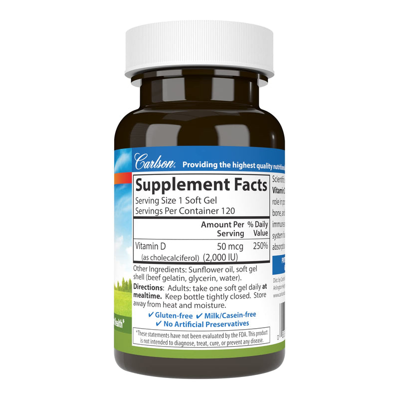 Carlson - Vitamin D3, 2000 IU (50 mcg), Immune Support, Bone Health, Muscle Health, Cholecalciferol, Vitamin D Supplements, Vitamin D3 Soft Gels, 120 Softgels Unflavored 120 Count (Pack of 1)