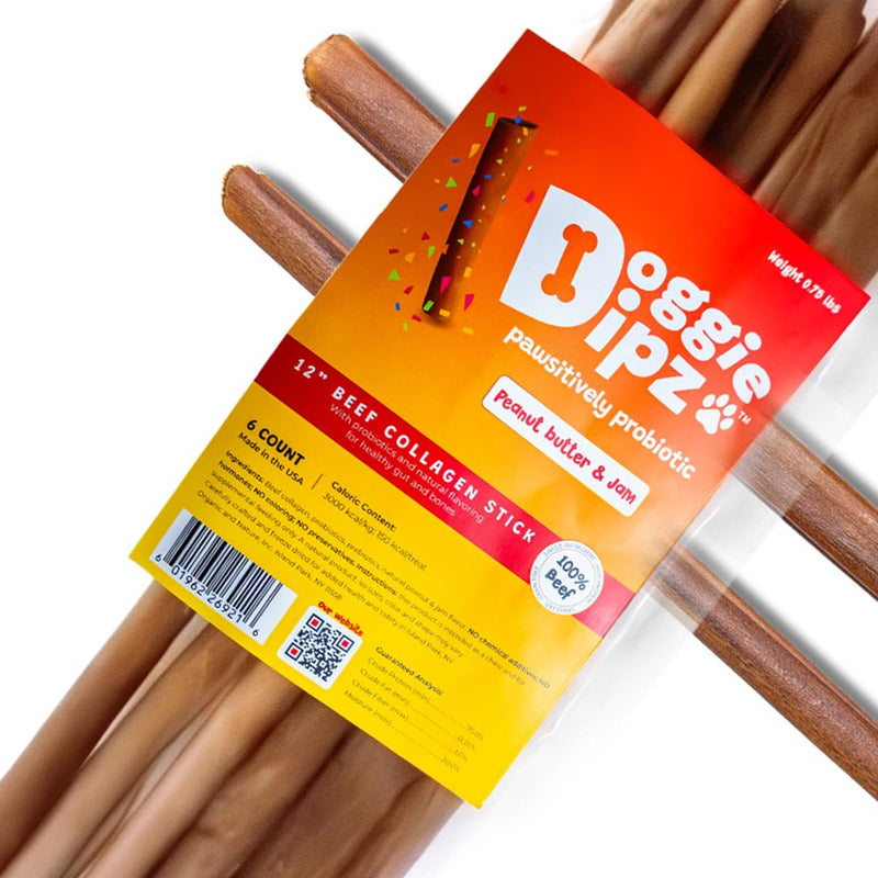 Beef Collagen Sticks for Dogs – 6 Pack - 12” Sticks for Large Dogs - Healthy Chew Treats with Probiotics – Rawhide-Free, Long-Lasting – Bully Stick Alternative Made in USA (Peanut Butter) Peanut Butter 1 Ounce (Pack of 6)