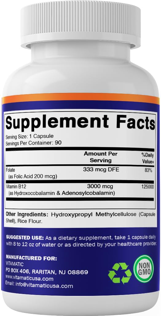 Vitamatic Adenosylcobalamin Hydroxocobalamin B12-3000 mcg with Folic Acid – Dual Active Form of B12 – Non-GMO, Gluten-Free, Sugar-Free – 90 Veg Capsules – Made in USA