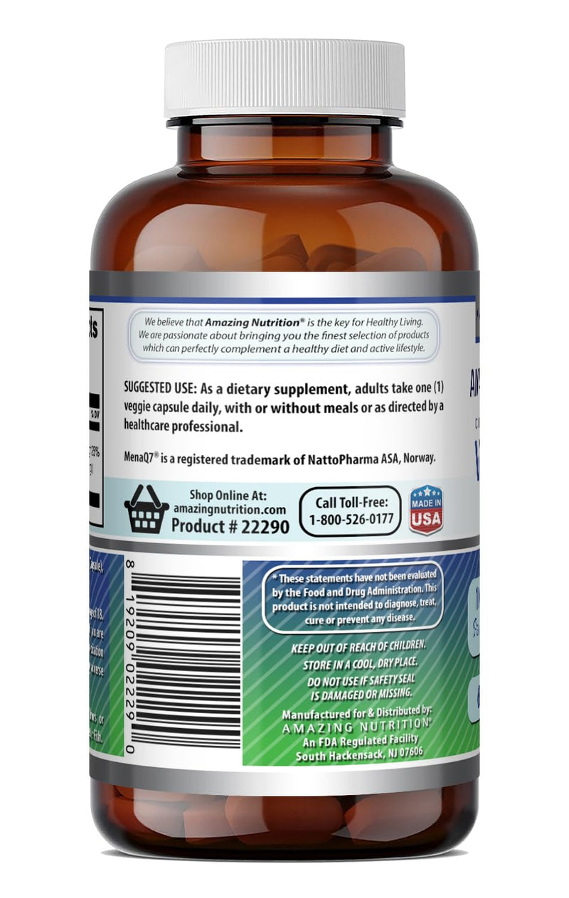 Amazing Formulas Vitamin K2 Menaq7 MK7 Supplement | 100 Mcg | Veggie Capsules | Non-GMO | Gluten Free | Made in USA (1 Pack, 60 Count) 60 Count (Pack of 1)