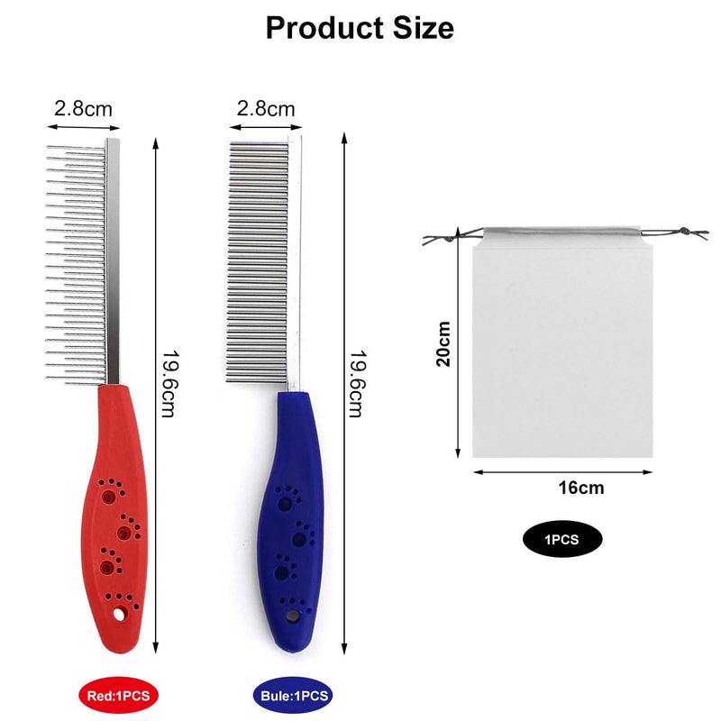 Cat fur comb, dog detangling comb, dog comb, combination comb for dogs, brush against fleas undercoat, cat comb with double-sided metal rounded teeth, flea comb for cats, cat comb, 2 pieces, red + blue - BeesActive Australia