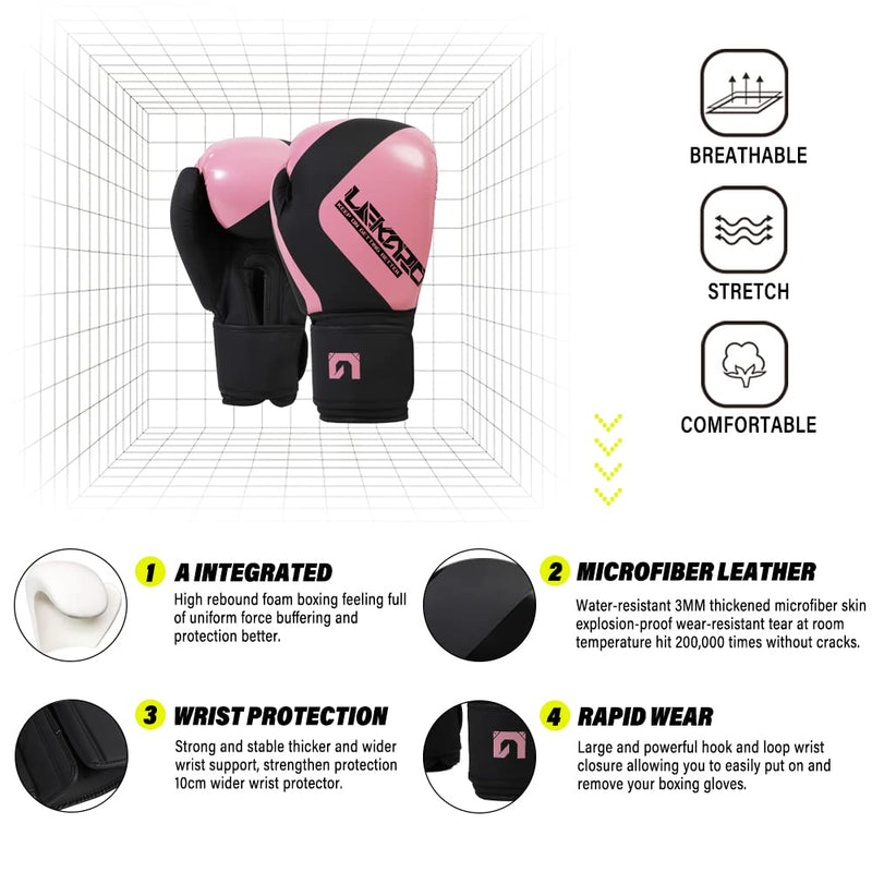 LEKÄRO Boxing Gloves,Boxing Training Gloves Men and Women Leather,Punching Bag Gloves for Boxing & MMA Training,Kickboxing, Muay Thai, MMA 10 OZ Pink