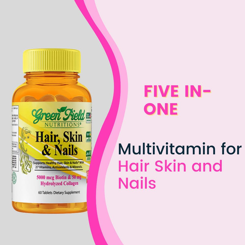 Greenfield Nutritions Halal Biotin Tablet for Adult - 60 Halal Multivitamin for Hair Skin and Nails - High potency 5000mcg Biotin with 50mg Collagen and Minerals - Gelatin Gluten Free, Non-GMO Vitamin