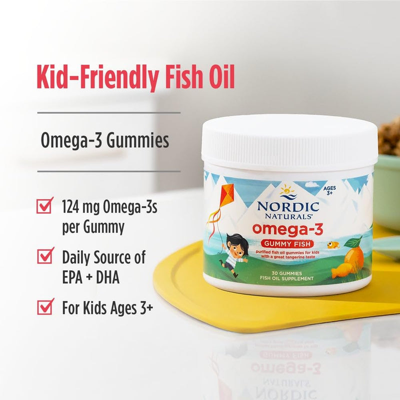 Nordic Naturals Omega 3 Gummies, Fish Oil for Adults, 124mg EPA DHA 30Count | Supports heart, brain & joint health. 124mg EPA & DHA omega-3 fatty acids. Non-GMO gummy fish. Tangerine flavor. 30 servings Standard Packaging