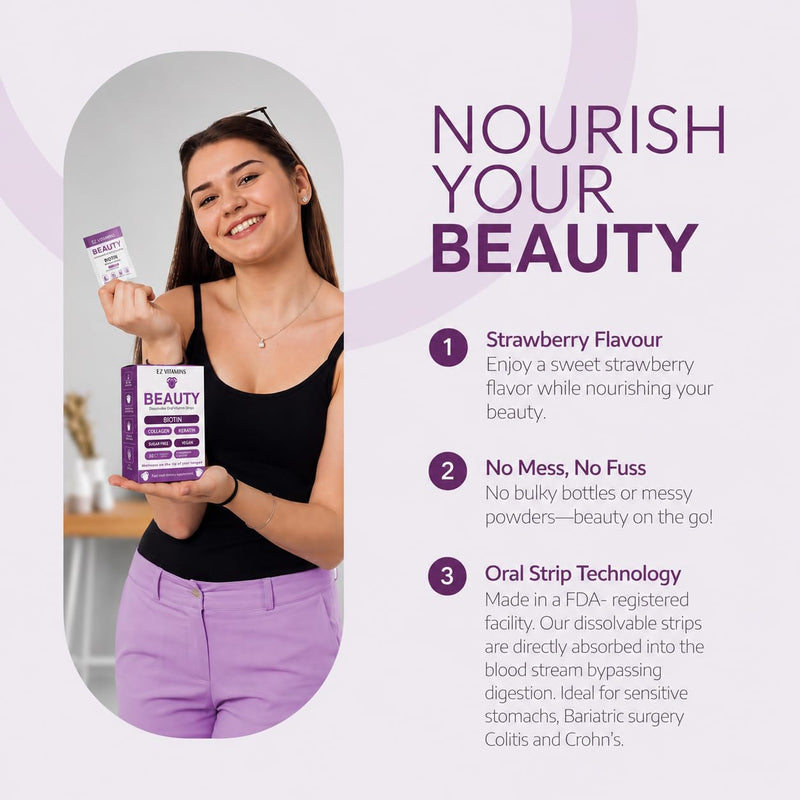 Beauty Strips for Hair, Skin & Nails Growth, 30 ct | Collagen Oral Strips With Biotin, Vitamin E And Folate Support Strong Nails And Glowing Skin, Strawberry Flavor, Sugar-Free