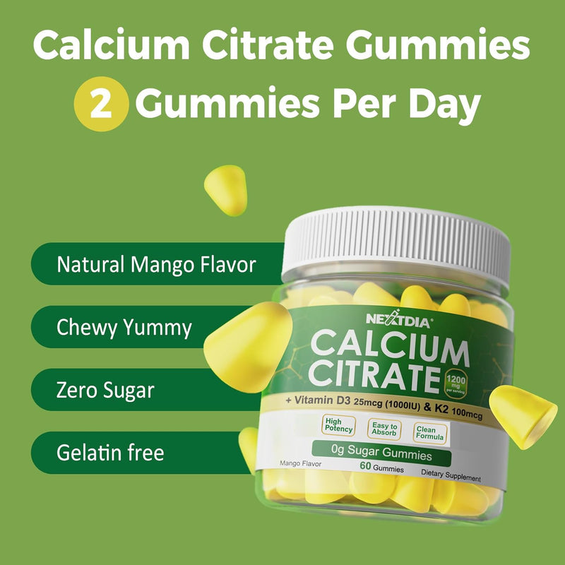 Calcium Citrate Gummies 1200mg with Vitamin D3 K2, Chewable Calcium Supplements for Women & Men, High Potency Support B0ne, Te*th, Strength & Immune Health, Mango Flavor, Non-GMO, Sugar Free, 120 Cts 60 Count (Pack of 2)