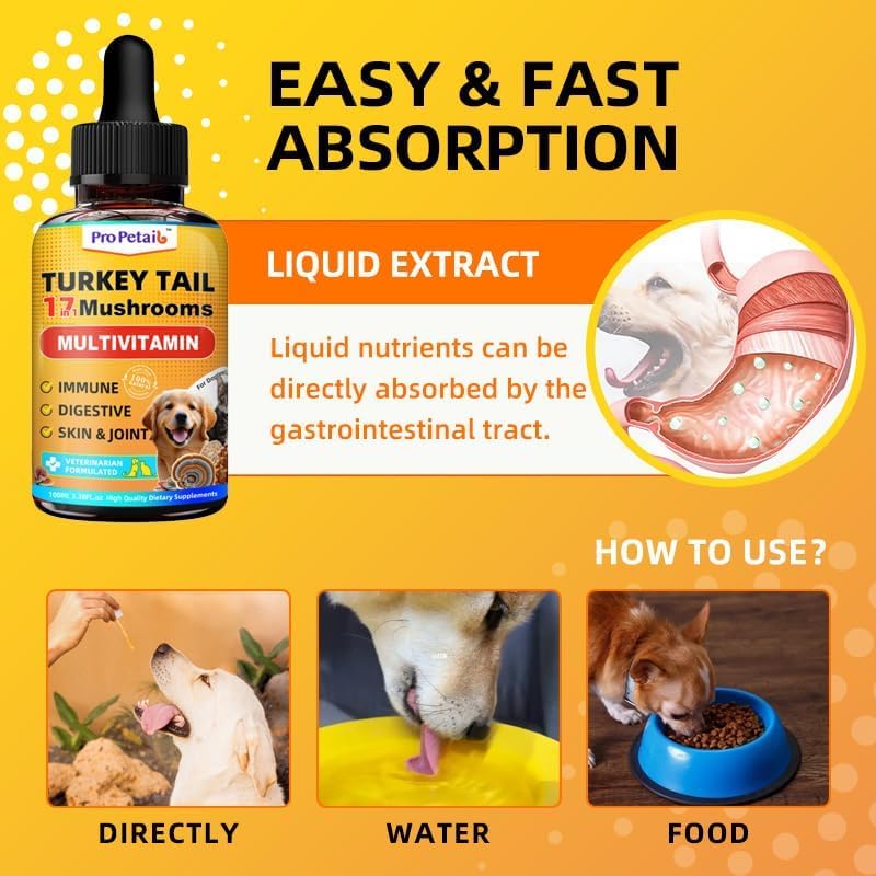 Turkey Tail Mushroom for Dogs Liquid 3000mg High Potency Blend Vitamins | Boost Immune, Energy Support, Skin Lump Support, Vet-Formulated, Daily Wellness, Turmeric & Probiotic, 100ml Roasted Chicken