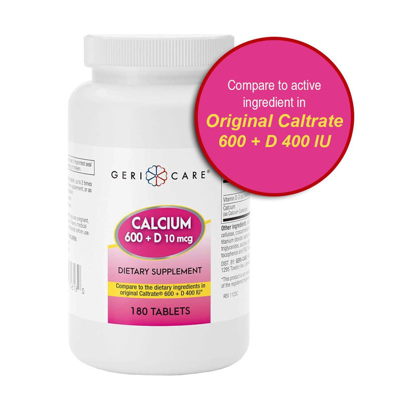 GeriCare Calcium 600mg - Vitamin D 10mcg Tablets - Bone Health - Nutritional Supplement, 180 Count (Pack of 1) 180 Count (Pack of 1)