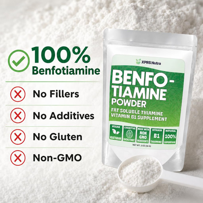 XPRS Nutra Benfotiamine Powder (Thiamine) - Fat Soluble Happy Heart Thiamine Supplement - Advanced Vitamin B1 Benfotiamine for a Cognitive Boost - Vegan Friendly Benfotamine Powder (2 Ounce)