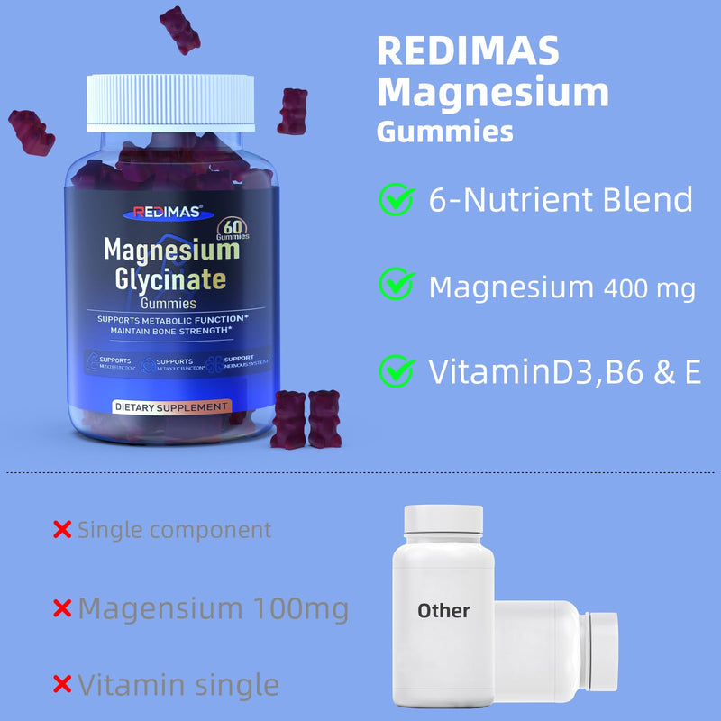 Magnesium Glycinate Gummies 400mg, Vegan Blueberry Flavor, 60 Count | Chewable Magnesium Supplement with Vitamin B6、D3 & E, Sleep & Relaxation Support, Convenient Gummy Format for Adults