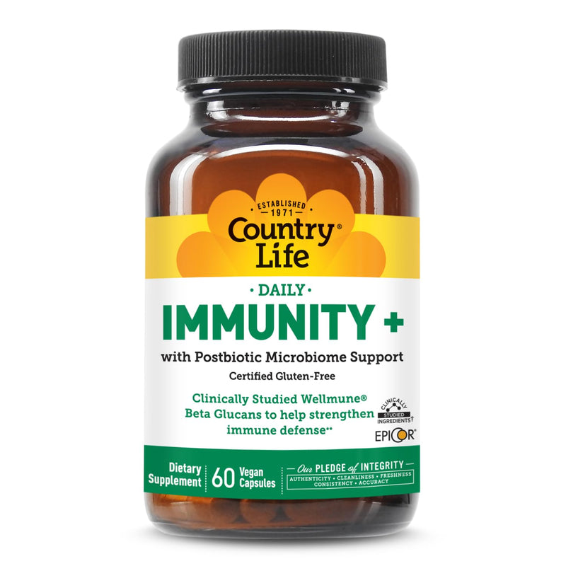Country Life Immunity+ with Wellmune and EpiCor, 60 Vegan Capsules | Clinically studied Wellmune beta glucans with EpiCor postbiotic, vitamin C, vitamin D and zinc for immune and gut support