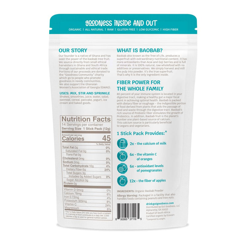 Organic Prebiotic Baobab Powder Stick Packs - Daily Fiber, Digestive Health, Energy & Recovery - Nutrient-Rich - Vitamin, Dietary Fiber