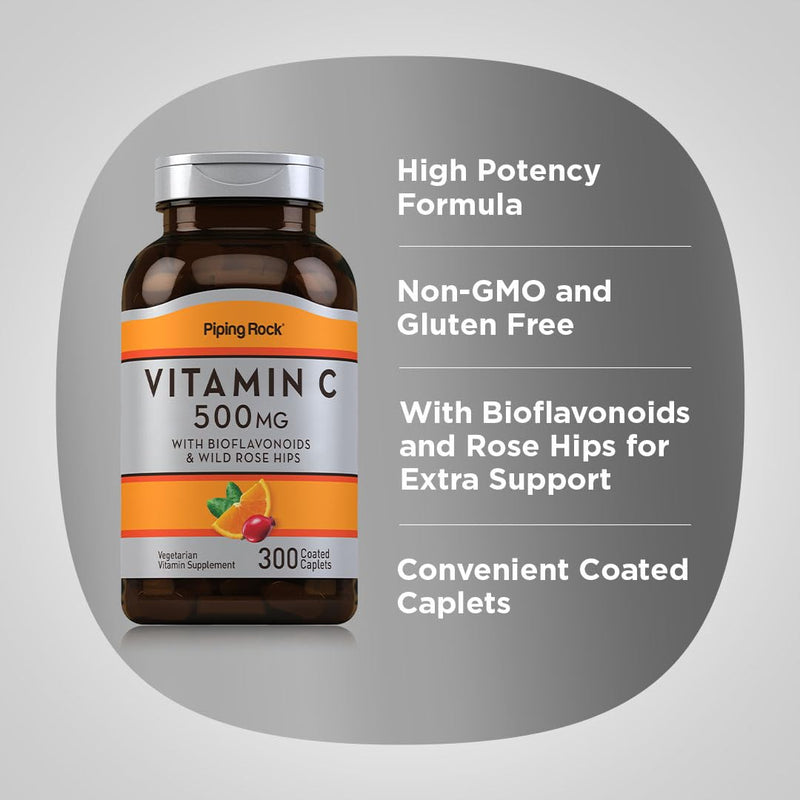 Piping Rock Vitamin C 500mg | 300 Caplets | Supplement for Women and Men | with Rose HIPS and Bioflavonoids | Vegetarian, Non-GMO, Gluten Free