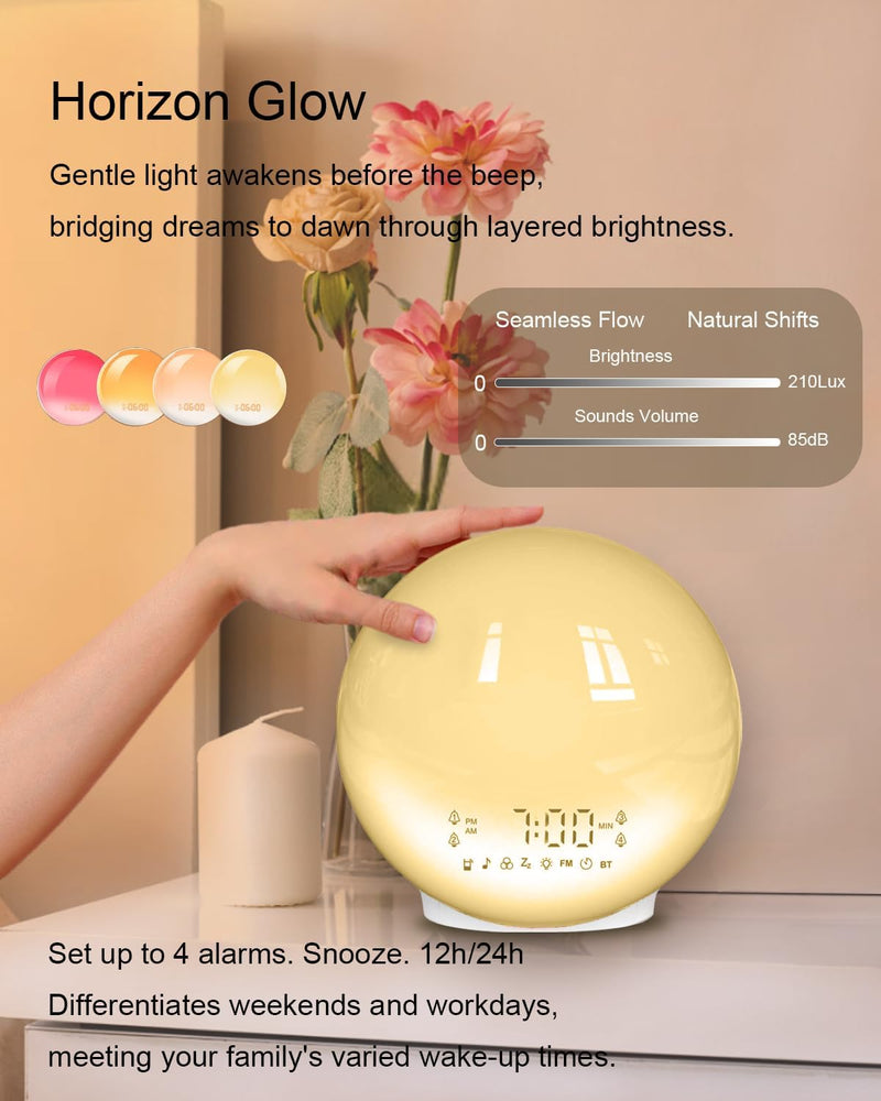 Sunrise Alarm Clock, Digital Alarm Clock Wake Up Light Dual Alarms an with Radio, Brightness Adjustable Night Light Sunrise/Sunset Simulation 7 Natural Sounds Colorful Lamp FM Radio USB Charger Port White - BeesActive Australia