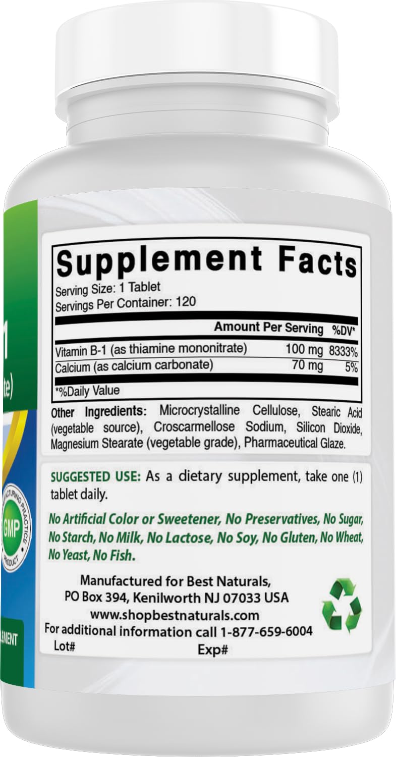 Best Naturals Vitamin B1 as Thiamine Mononitrate 100 mg 120 Tablets (120 Count (Pack of 2)) 120 Count (Pack of 2)