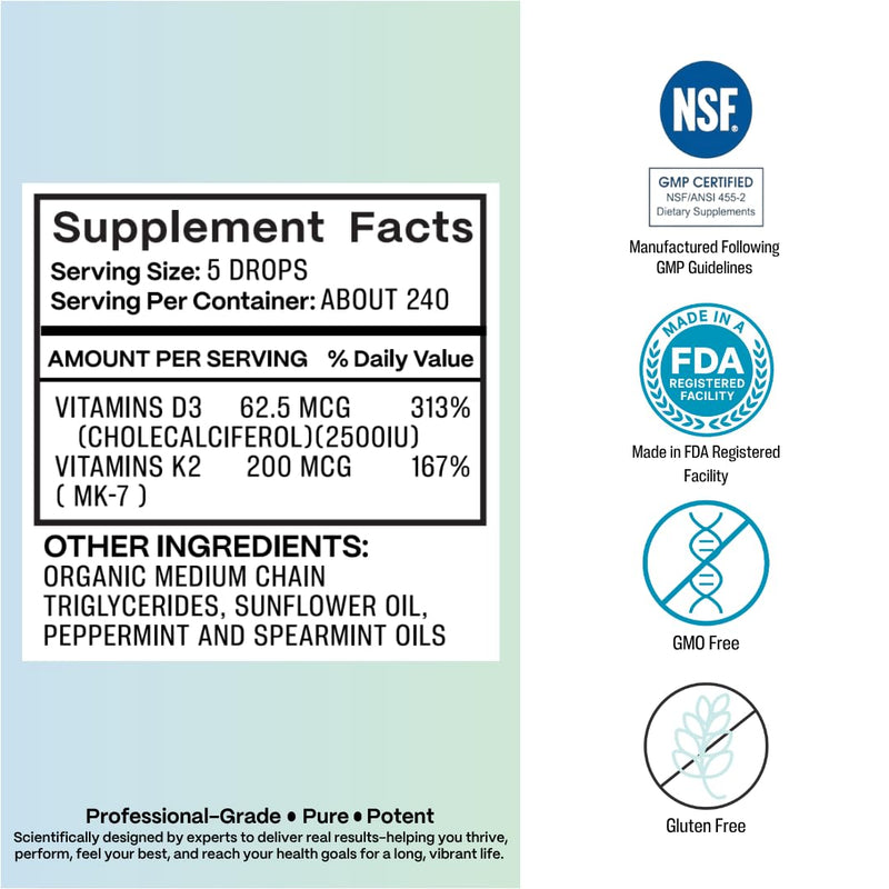 Vitamin D3 K2 Drops - High Potency 2500 IU D3 & 250 mcg K2 MK7- Supports Bone, Immune, Heart, Muscle, Mood & Cognitive Health*-Fast Absorption Mint Flavor, Vegan, Non-GMO