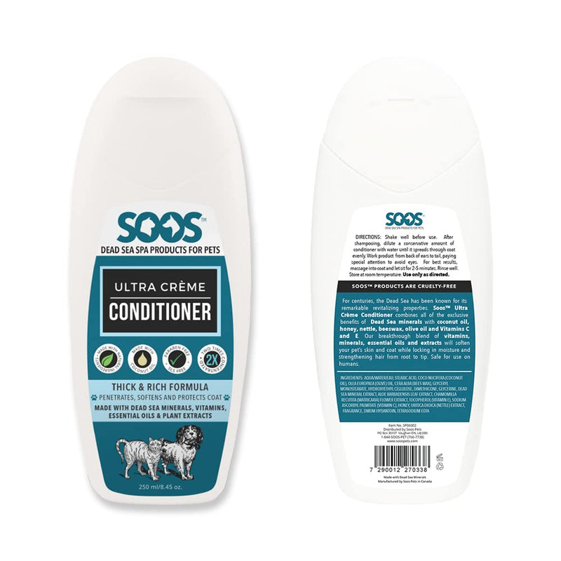 Soos Pet Conditioner Ultra Crème Natural Dead Sea Minerals Smoothness Polish Deeply Absorbing with Vitamins Essential Oils Natural Ingredients for Dogs and Cats - 1 Pack (250ml) - PawsPlanet Australia