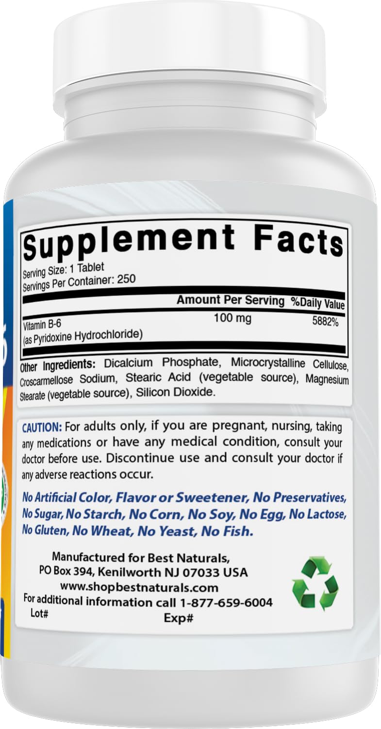 Best Naturals Vitamin B6 Tablet, 100 mg, 250 Count 250 Count (Pack of 1)