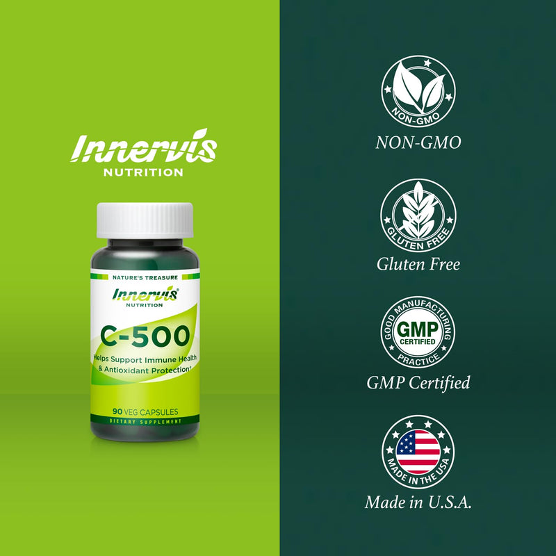 C-500, Powerful Antioxidant Protection & Immune Health, Vitamin C 500mg, 90 Veg Capsules, Daily Immunity and Wellness Support Supplement,