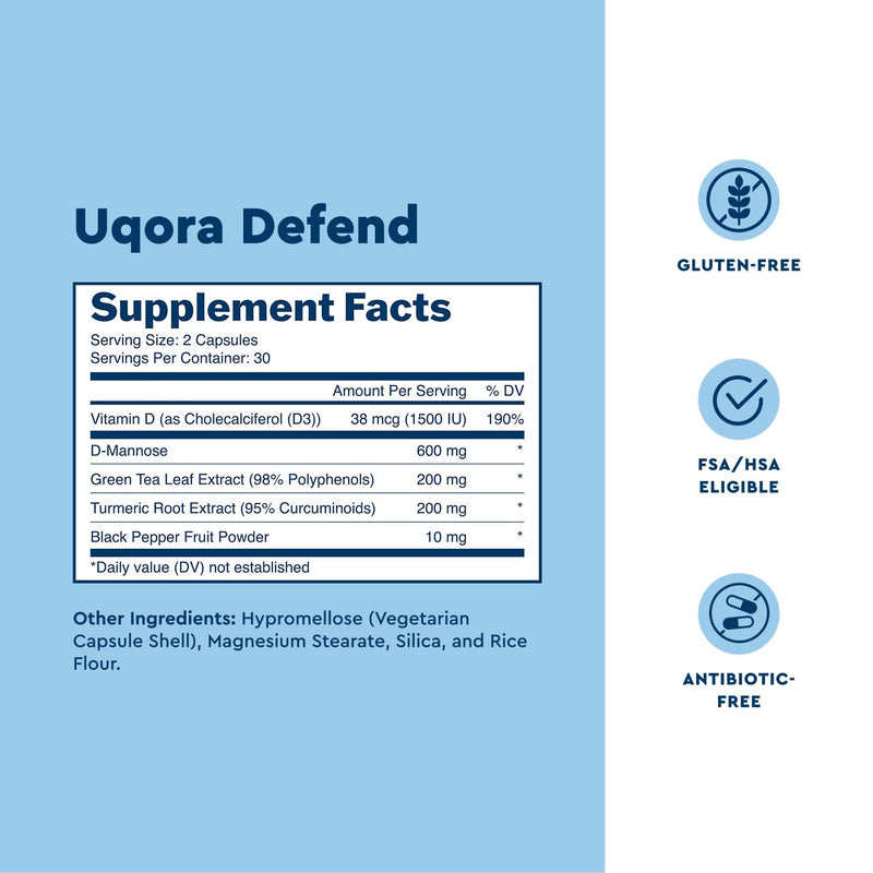 Uqora Defend, Urinary Tract Support, 120 Capsules (2 Pack) | Urinary Tract Health Supplement, Cleanse Biofilm** with D-Mannose, Green Tea Extract, Turmeric Extract, and More, Gluten-Free 120 Capsules (Pack of 2)