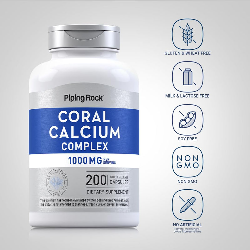 Piping Rock Coral Calcium 1000 mg | 200 Capsules | Bone Formula Complex | With Vitamin D, C, and Magnesium | Non-GMO, Gluten Free Supplement