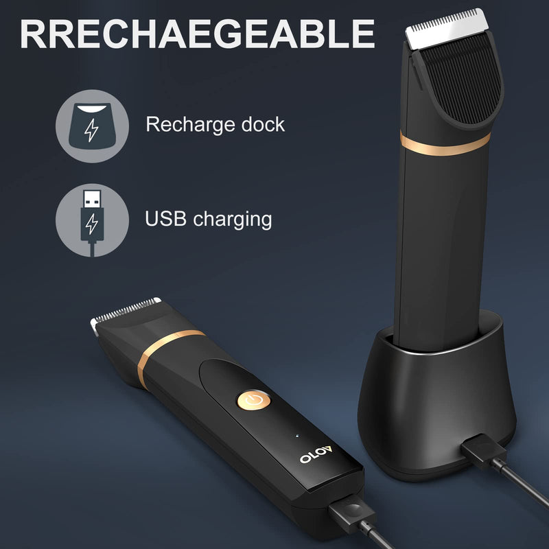 OLOV Electric Groin Hair Trimmer - Ball Trimmer for Men - Nose Hair Trimmer, Replaceable Ceramic Blade Heads, USB Recharge Dock & Nosetrimmer Head, Waterproof Male Hygiene Razor Black Trimmer - BeesActive Australia