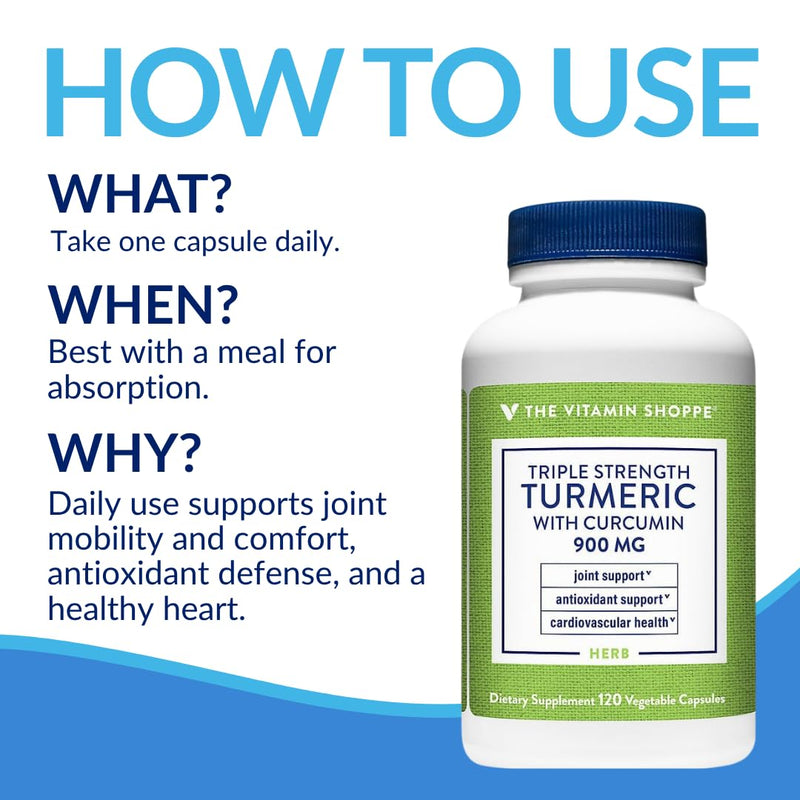 The Vitamin Shoppe Brand Triple Strength Turmeric 900 MG, 120 Capsules | Includes BioPerine (Black Pepper Extract), Joint Mobility & Antioxidant Support, Vegetarian, Gluten Free Unflavoured 120 Count (Pack of 1)