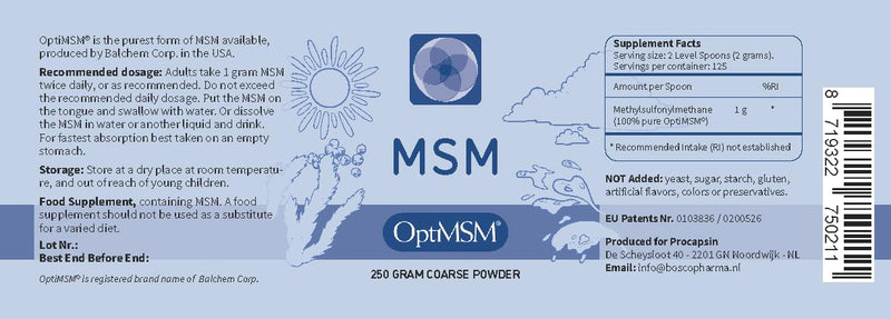 Procapsin OptiMSM ‚Äì Pure Methylsulfonylmethane MSM Supplement Powder ‚Äì Organic, Gluten Free, Non-GMO ‚Äì Opti MSM Sulfur Crystals/Powder for Kids and Adults (250Grams)