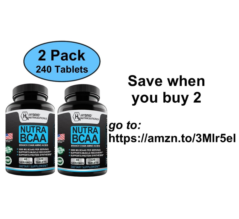Hybrid Nutraceuticals Nutra BCAA 3000mg Branched Chain Amino Acids Supplements - Sugar Free Pre Workout, Non-GMO, Vegan: 120 Tablets 1