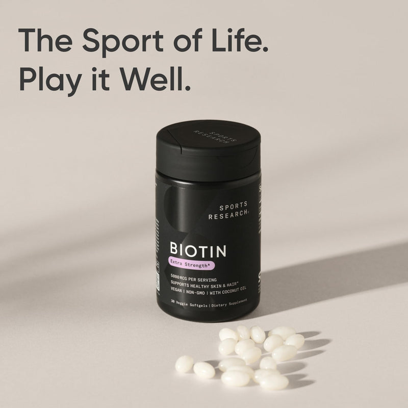 Sports Research® Biotin 5,000mcg w/Coconut Oil, 30 Count Plantgels™ | Extra Strength Vegan Biotin (Vitamin B7) for Healthy Skin and Hair Support | Non-GMO, Gluten & Soy-Free, 30 Servings