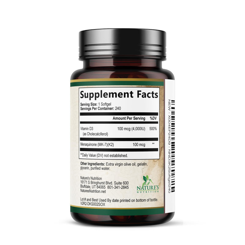 Vitamin D3 4000 IU 100mcg Per Serving - Extra Strength Vitamins D K2 2-in-1 for Bone, Heart, & Muscle Support - Immune Support & Calcium Absorption with Olive Oil - Non-GMO USA Bottled - 240 Softgels 240 Count (Pack of 1)