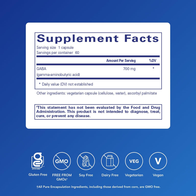 Pure Encapsulations GABA, 60 Capsules | Supplement to Support Relaxation and Moderation of Occasional Stress*, with Premium GABA Amino Acids 60 Count (Pack of 1)