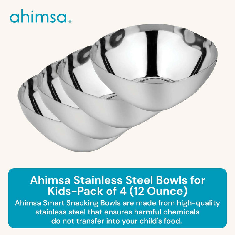 Ahimsa Stainless Steel Bowls for Kids | 12 Ounce Salad Bowls | Pediatrician Designed - Dishwasher Safe | 100% BPA Free | Pack of 4 (Classic Stainless) 4 Bowls Classic Stainless - BeesActive Australia