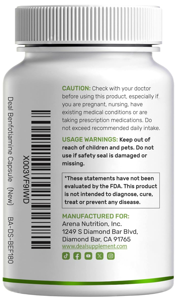 Benfotiamine 600mg Per Serving, 180 Veggie Capsules (300mg Per Cap) – Fat Soluble Vitamin B1 Thiamine Supplement – 3rd Party Tested, Vegan, Non-GMO, Gluten Free