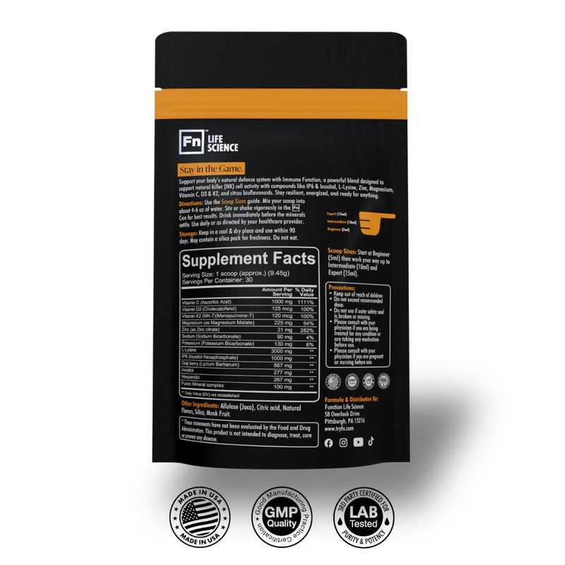 Fn Life Science Immune Function Drink Mix, 30 Servings, 229.86g | Immune support drink mix with IP6, Vitamin C, D3 + K2, Zinc, Fulvic Minerals, and 30 full-size servings.